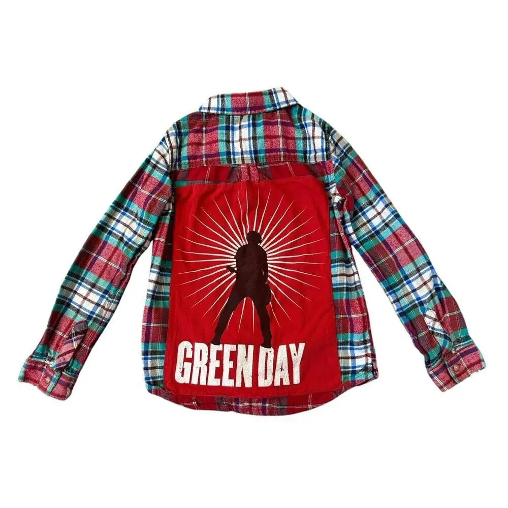 GREEN DAY 90s Punk Rock Retro Vintage Upcycled Plaid Flannel Kids Shirt Sz 7/8 S - Picture 6 of 11